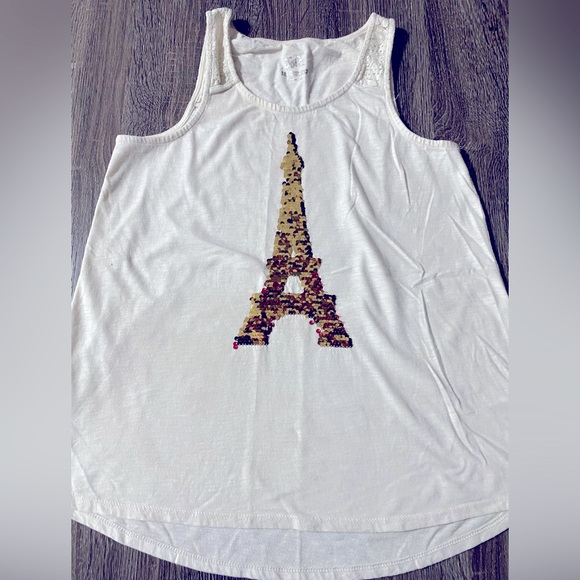 Justice girls size 18 gold & red flip sequin Eiffel Tower white tank top - Picture 2 of 3
